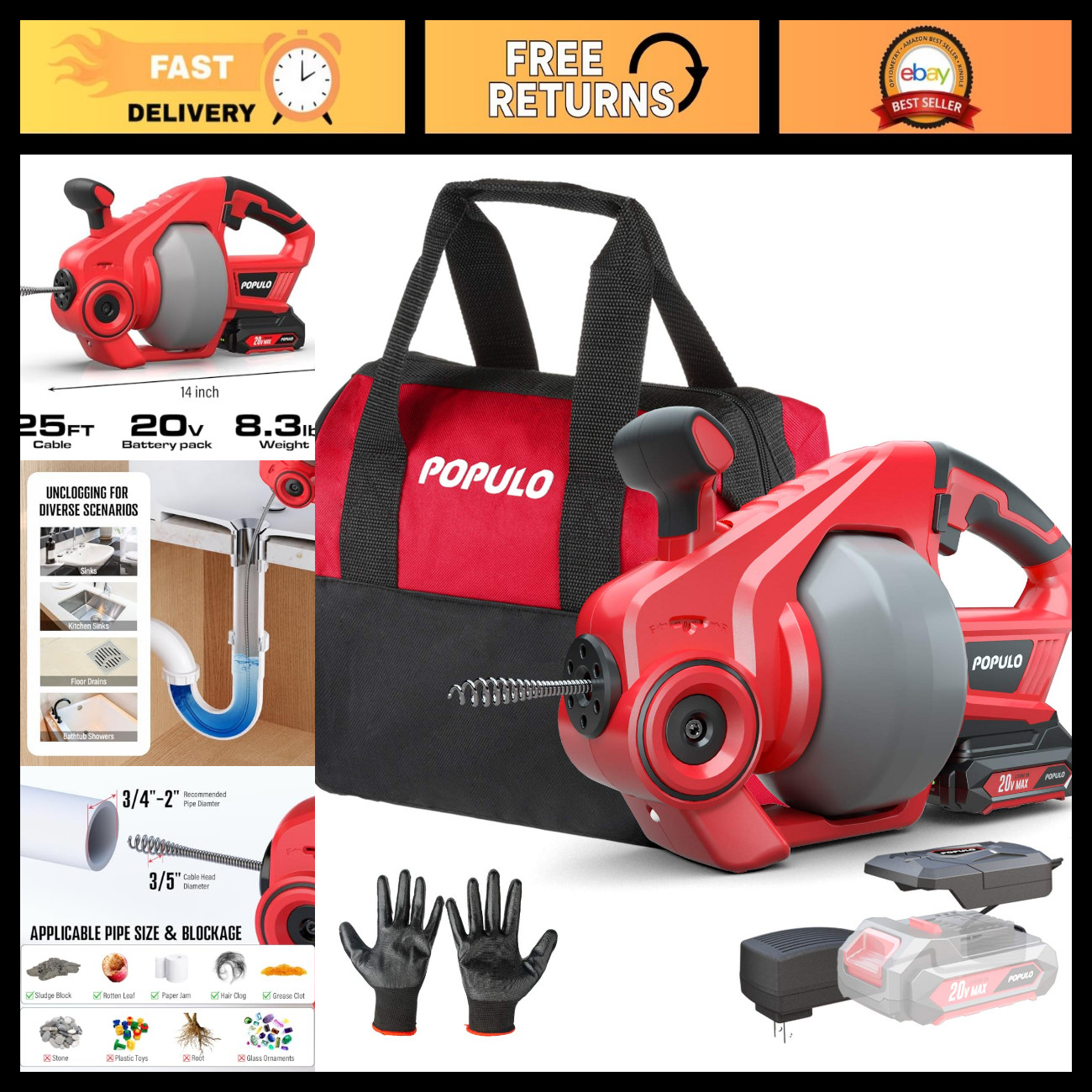 20V Cordless Electric Drain Auger - 25ft Auto-Feed Snake, Battery & Charger, Glo