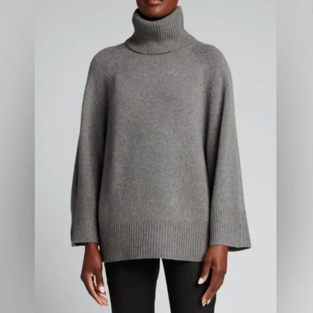 Theory Airy Wool Cashmere Turtleneck  Sweater Wide Sleeve Gray Size P $495