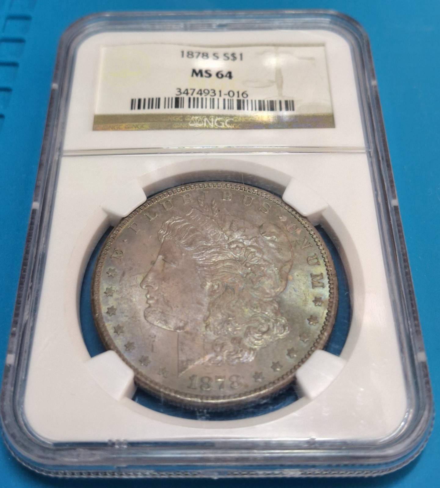 1878 S Morgan Dollar $1 NGC MS64 Dark Toning Blue Pink Mirror Fields First Year