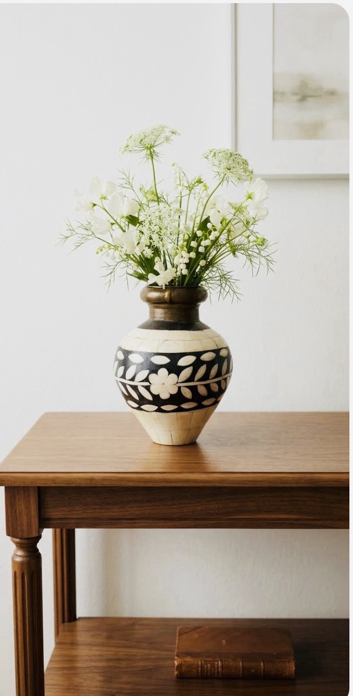 Vintage-Rajasthani-bone Inlay brass artisan Vase-handmade- floral border inlay. Vintage-Rajasthani-bone Inlay brass artisan Vase-handmade- floral border inlay.
