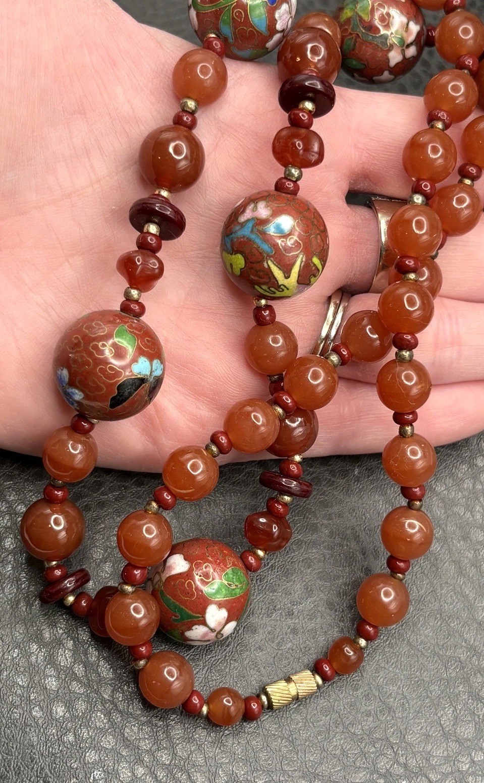 VTG Bird Butterfly Asian Cloisonne Carnelian Bead Hand Knotted Necklace 28”