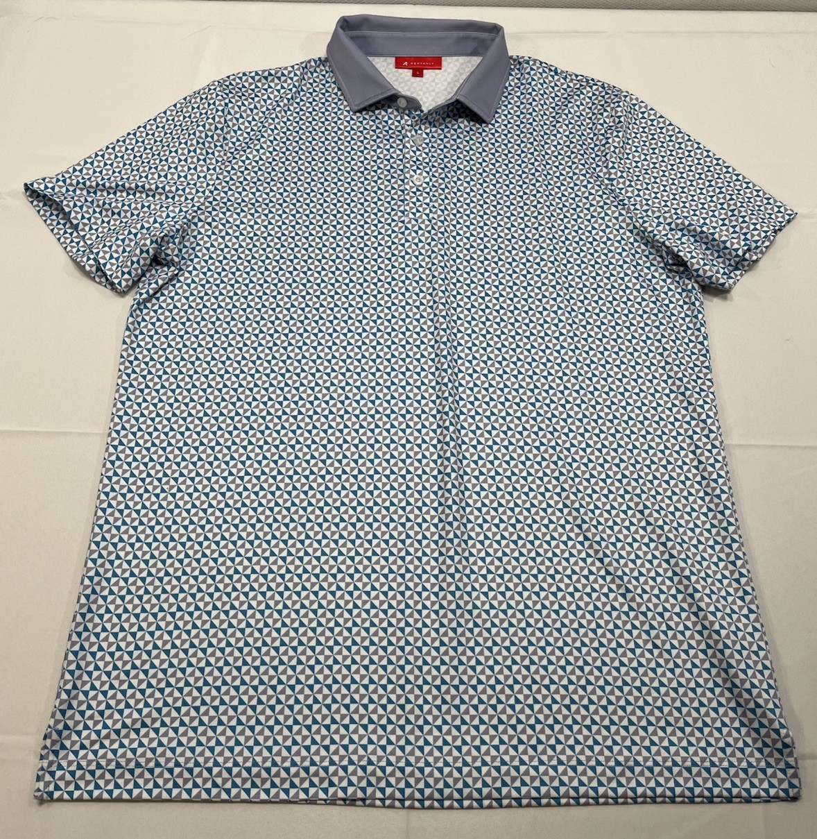 Redvanly Mens Large Golf Polo Blue White Geometric Triangle Short Sleeve Stretch