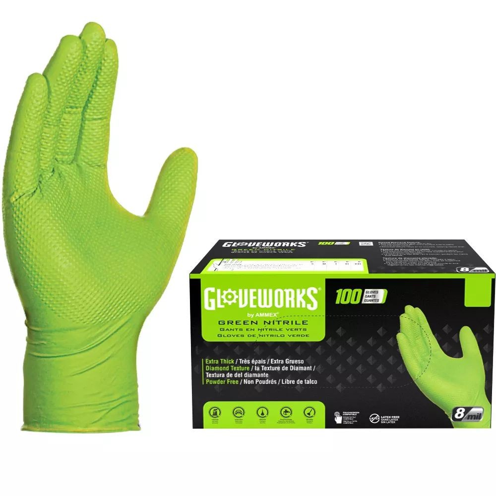 Gloveworks 8 mil Disposable HD Nitrile Gloves, Pack of 100, XXLarge, Green