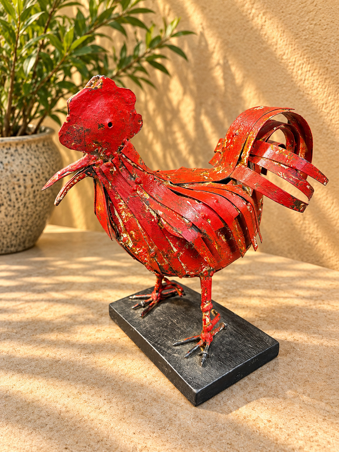 Red Metal Rooster Sculpture Rustic Distressed Chicken Farmhouse Tabletop Decor