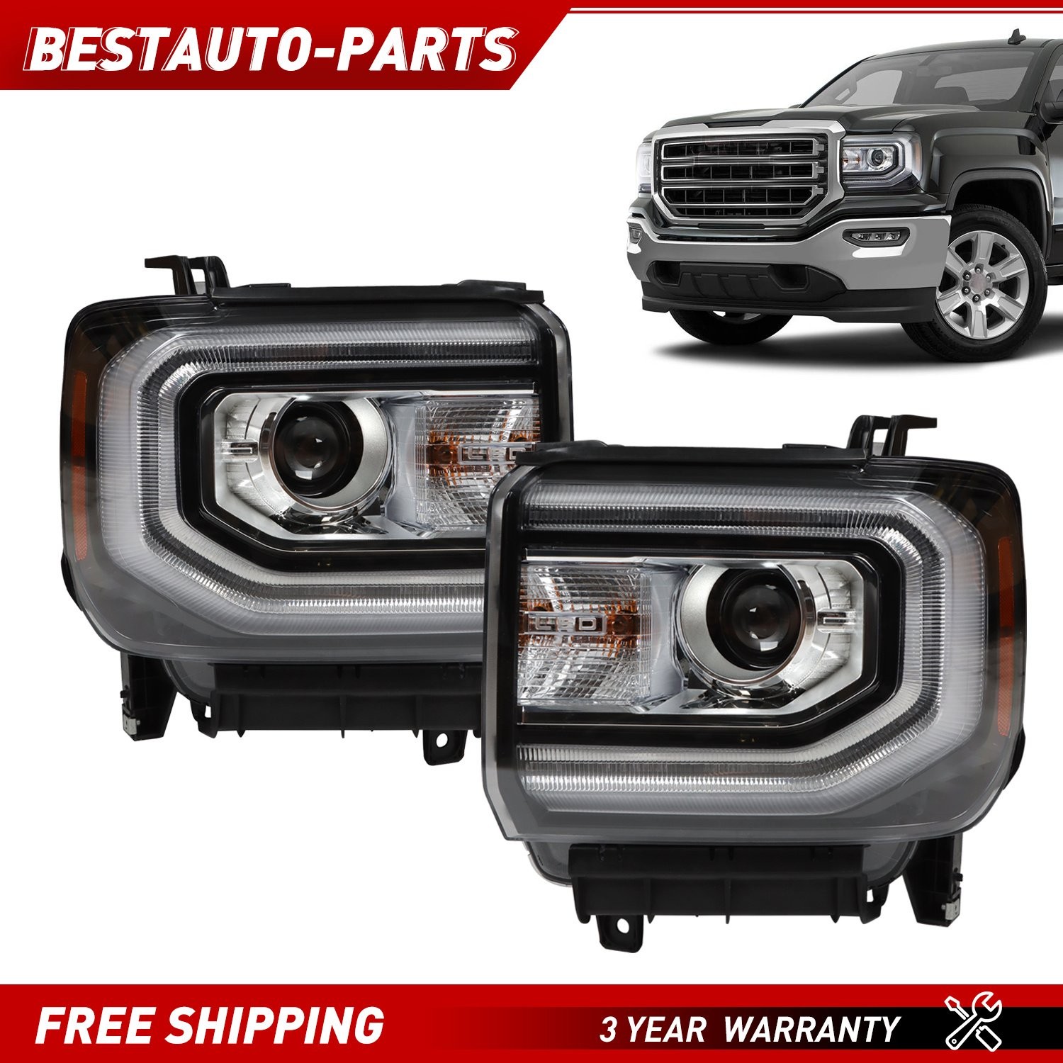For 2016-2018 GMC Sierra 1500 HID/Xenon Type LED DRL Projector Headlights Lamps
