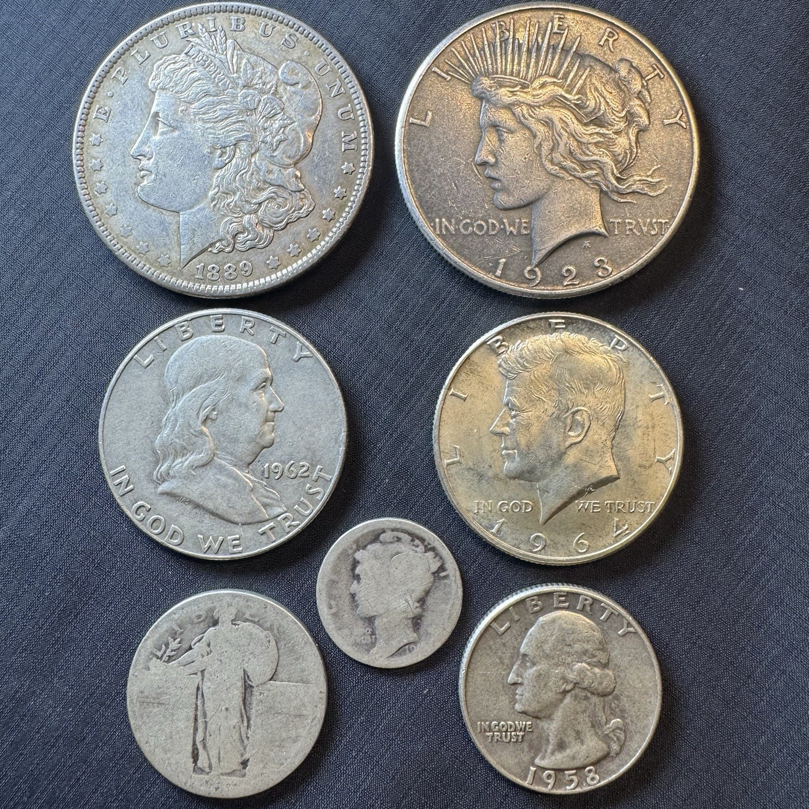 90% Silver (7 Coin Lot) Morgan Peace Dollars Franklin Kennedy Half Quarter Dime