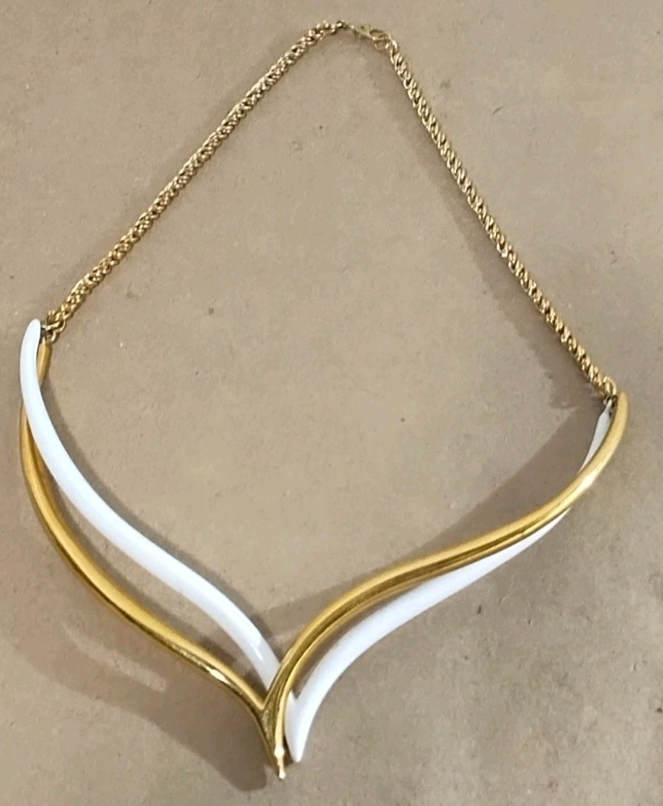 Vintage Monet Double Offset V Bib Collar Necklace White Enamel & Gold Tone Vintage Monet Double Offset V Bib Collar Necklace White Enamel & Gold Tone