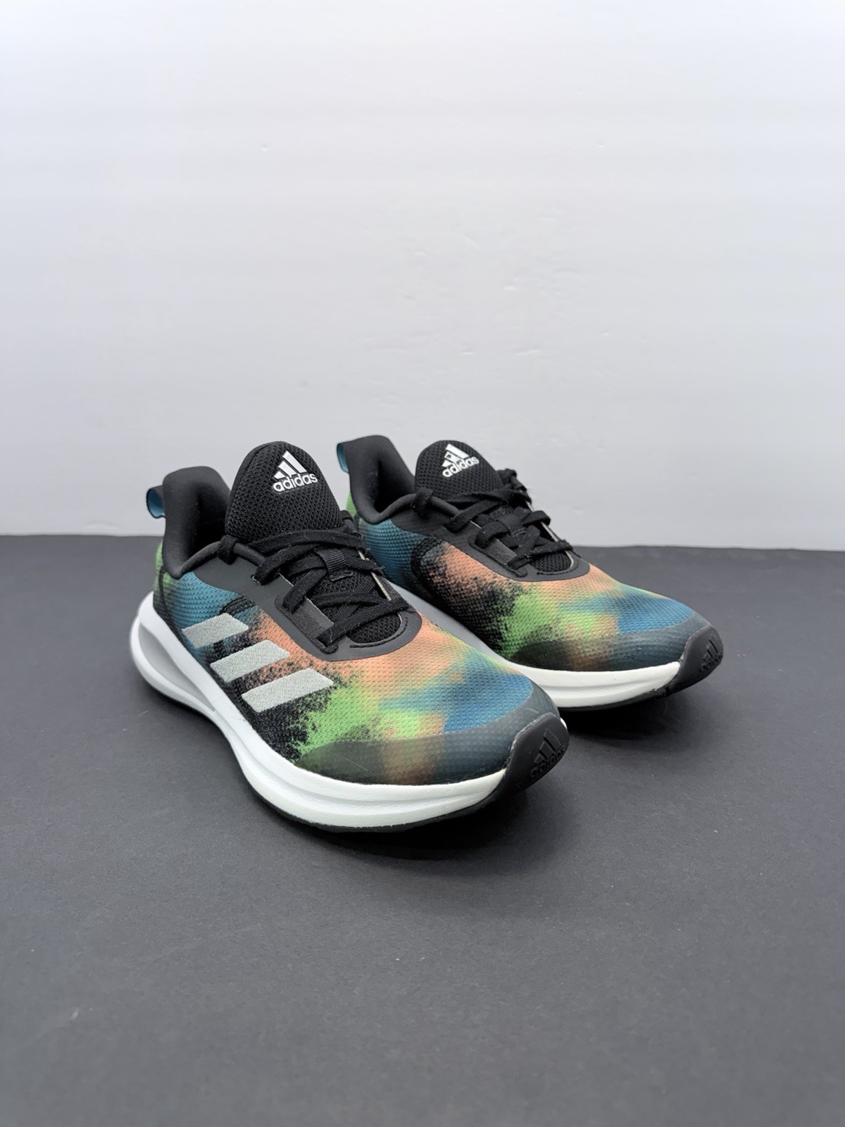 Adidas FortaRun Boys Size US 2 Black Blue Green Athletic Running Shoes Sneakers