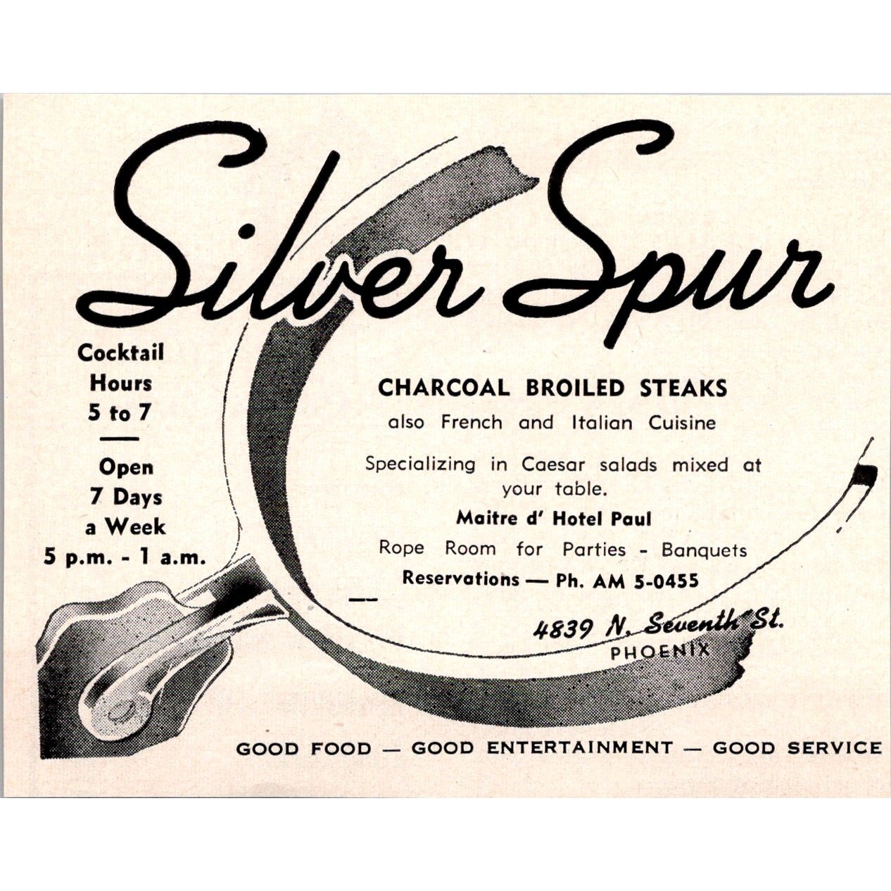 Silver Spur Charcoal Broiled Steaks Maire D' Hotel Paul 1955 AZ Ad SAK1-M19 Silver Spur Charcoal Broiled Steaks Maire D' Hotel Paul 1955 AZ Ad SAK1-M19