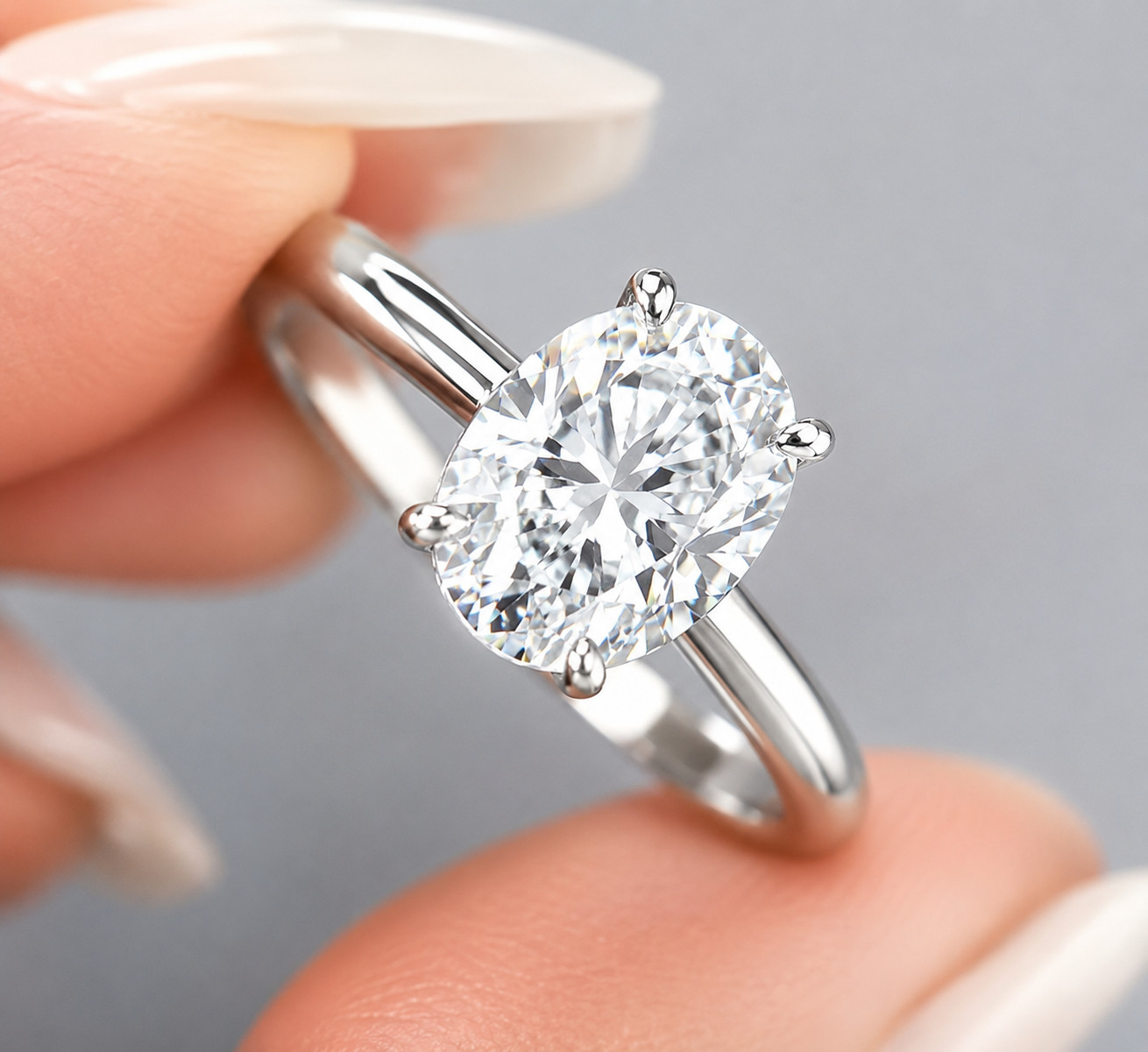 Moissanite Oval Engagement Ring 18K White Gold  D Color VVS1 GRA Certified