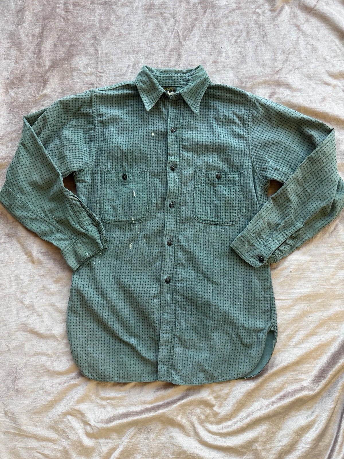 1930s 1940s Big Jess Teal Side Gusset Flannel Workwear Shirt 1930s 1940s Big Jess Teal Side Gusset Flannel Workwear Shirt