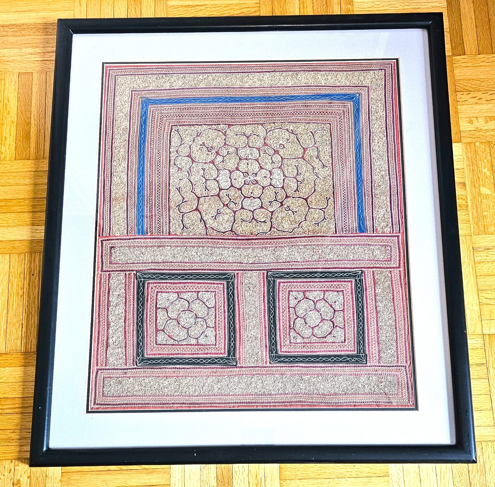 Framed Chinese Ge Jia Miao Embroidered Baby Carrier Panel Vintage 27”