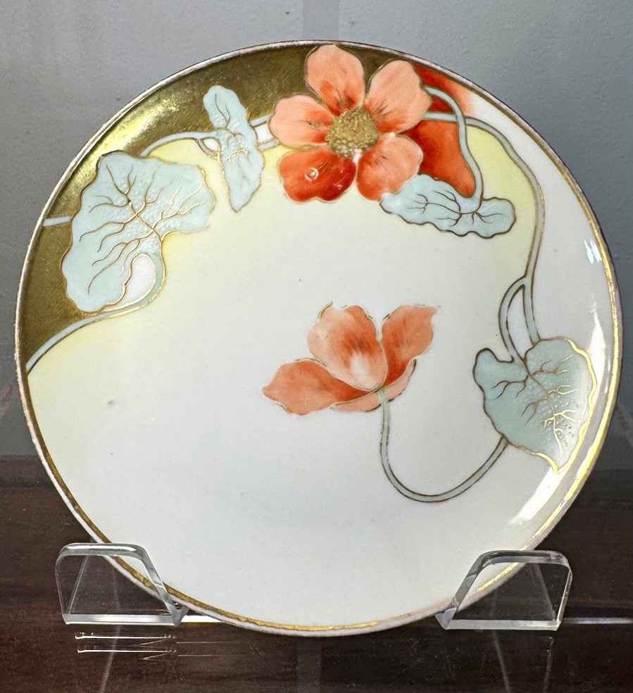 Antique Coiffe Limoges France Nasturtium Plates Pair Hand Painted Gold Raised 6\ Antique Coiffe Limoges France Nasturtium Plates Pair Hand Painted Gold Raised 6\