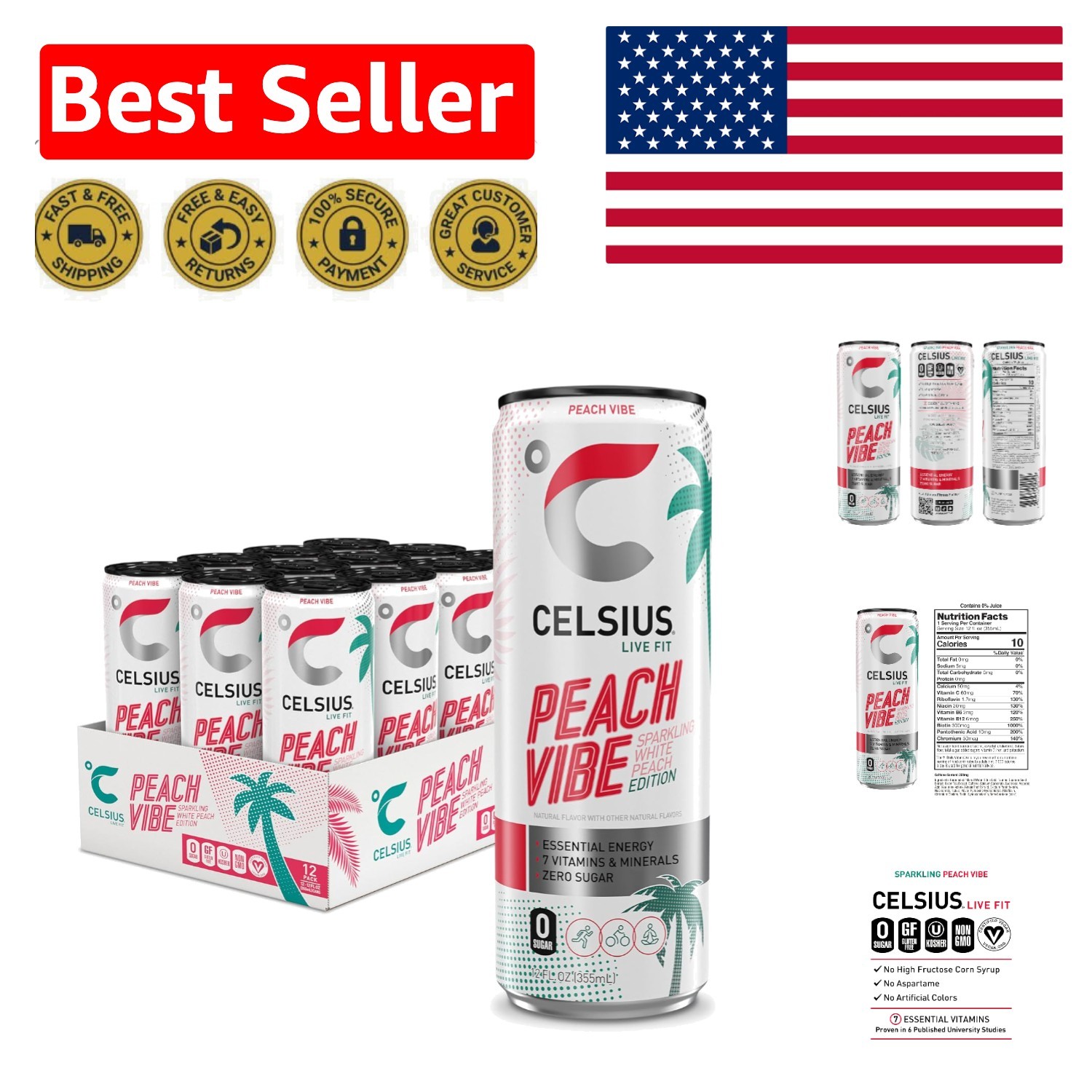 PEACH VIBE Energy Drink - 12 Cans of Sparkling White Peach for a Fit Lifestyle
