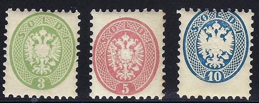 Austria, Lombardy Venetia 1864-65, Scott #21-23, Perf 9 1/2, Mint, O.G., N.H. Austria, Lombardy Venetia 1864-65, Scott #21-23, Perf 9 1/2, Mint, O.G., N.H.