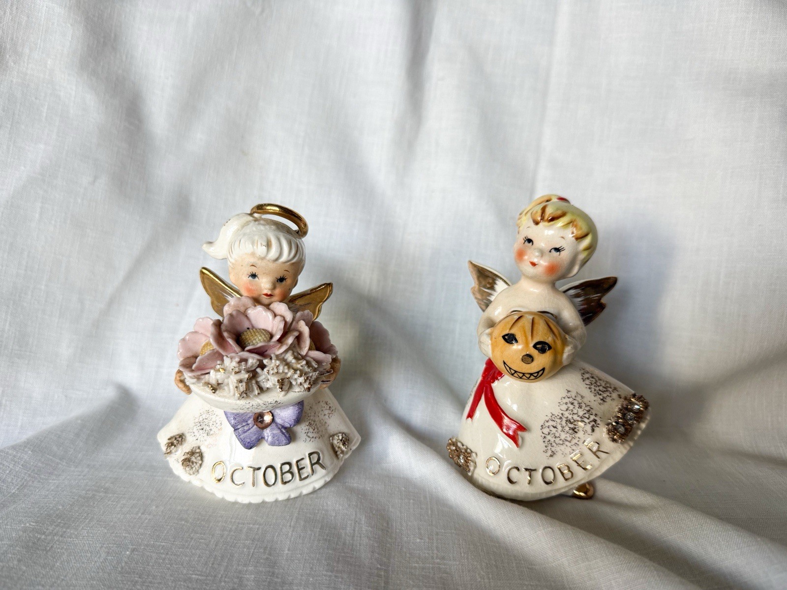 Vtg Lefton October Birthday Angel Figurines Set of 2 Halloween Pumpkin Cosmos