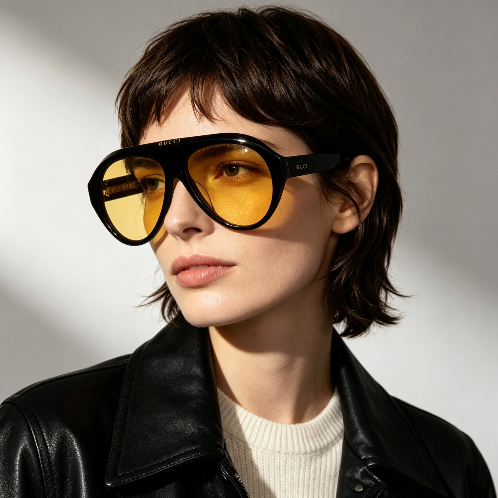 Gucci GG0479S Black Aviator Sunglasses Yellow Lens 60-13-150