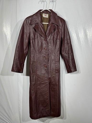 VTG 1970s Kim\'s Union Sample Leather Trench Coat Burgundy Long Jacket Women\'s VTG 1970s Kim\'s Union Sample Leather Trench Coat Burgundy Long Jacket Women\'s