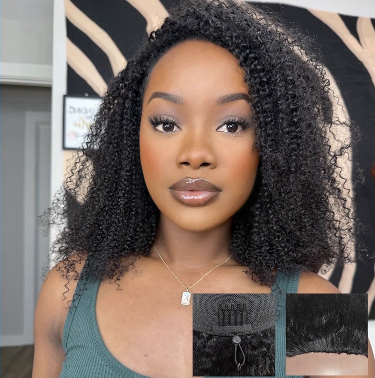 14” Kinky Curly Half Wig Human Hair Glueless Wigs Natural Black 3 In 1 Wear & Go