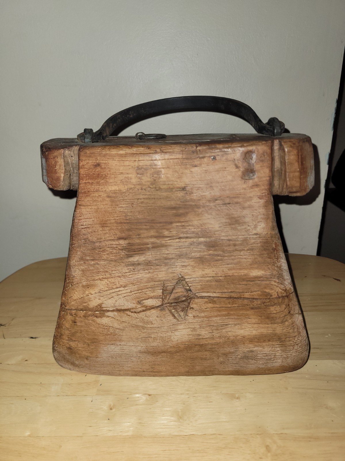 Antique Primitive Wooden Wagon Grease Pot/Hand Carved Tinder Box Oil Purse Caddy
