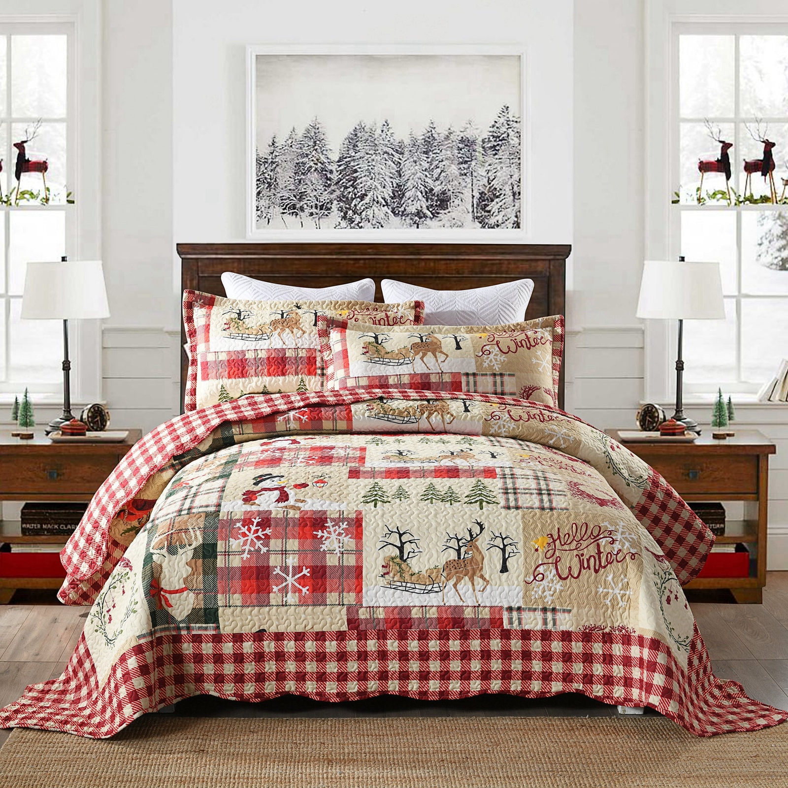 3 Pcs Cozy Cabin Christmas Quilt Set – Festive Bedspread with Rustic Lodge Charm 3 Pcs Cozy Cabin Christmas Quilt Set – Festive Bedspread with Rustic Lodge Charm
