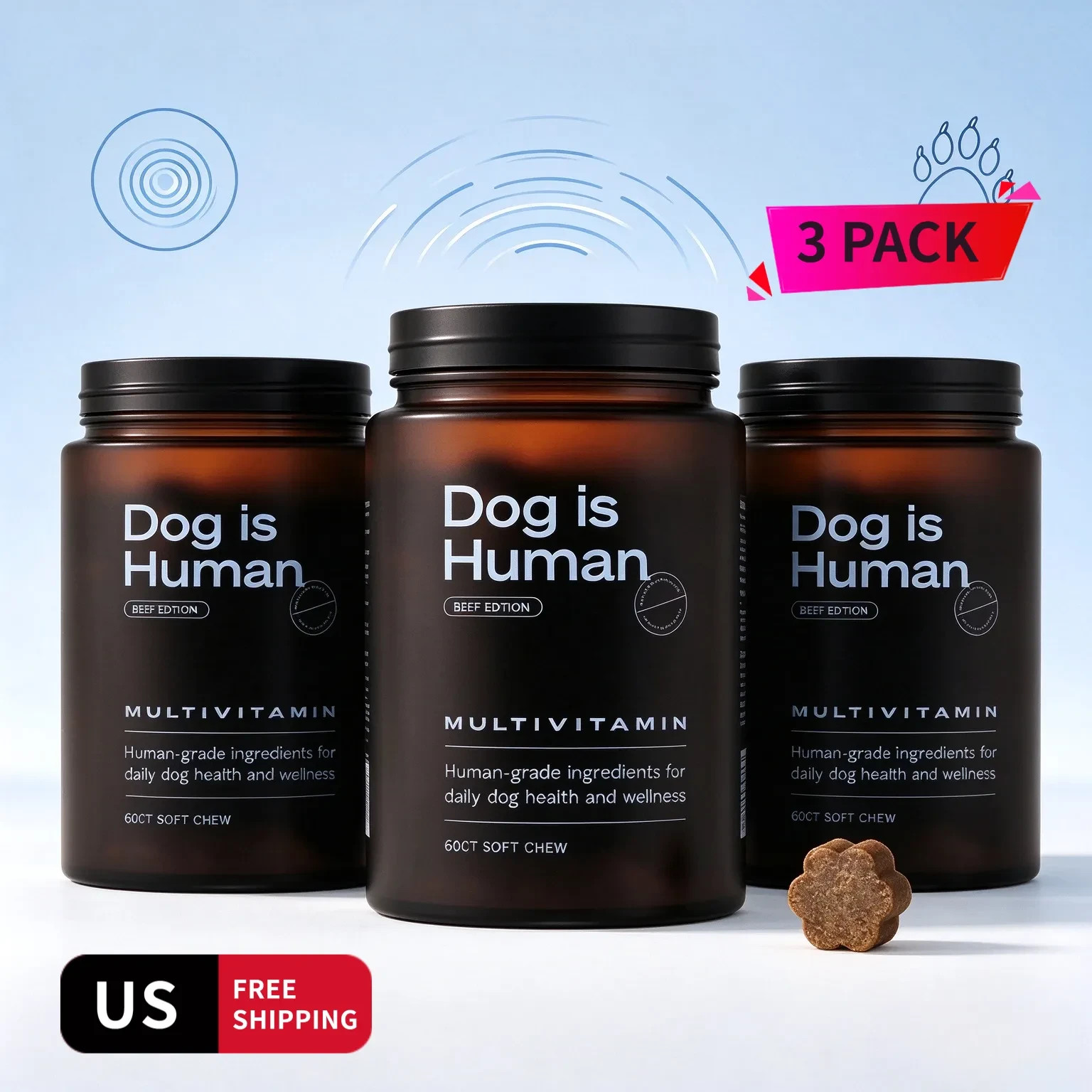 3 Pack Dog Is Human Daily Multivitamin Beef Soft Chews 180 Count Dog Vitamins