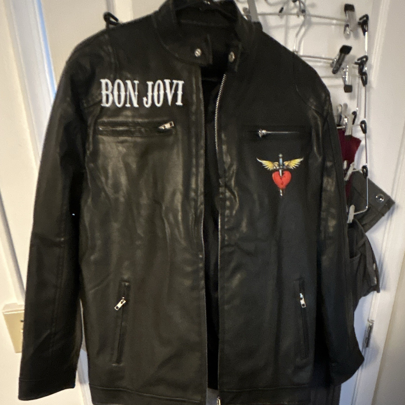 Bon Jovi Black Faux Leather Jacket Band Logo Heart Dagger Graphic, XXL women’s Bon Jovi Black Faux Leather Jacket Band Logo Heart Dagger Graphic, XXL women’s
