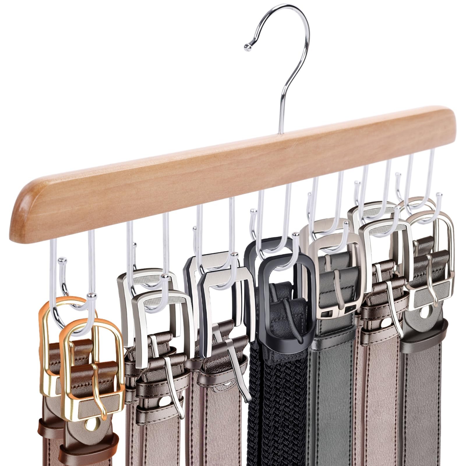 Wooden Belt Organizer Holds 42 Belts 360° Rotating 14 Hook Rack