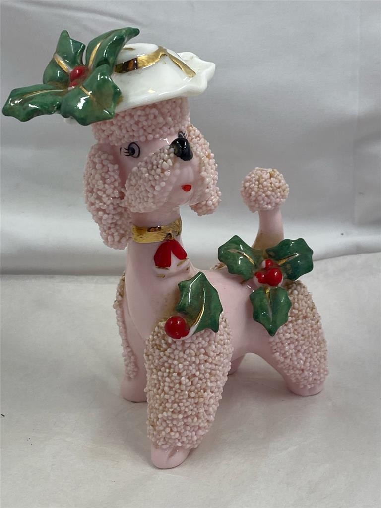 Vintage Kitsch Napco 4R-3887 Pink Poodle Spaghetti Trim Holly Berry Standing Vintage Kitsch Napco 4R-3887 Pink Poodle Spaghetti Trim Holly Berry Standing