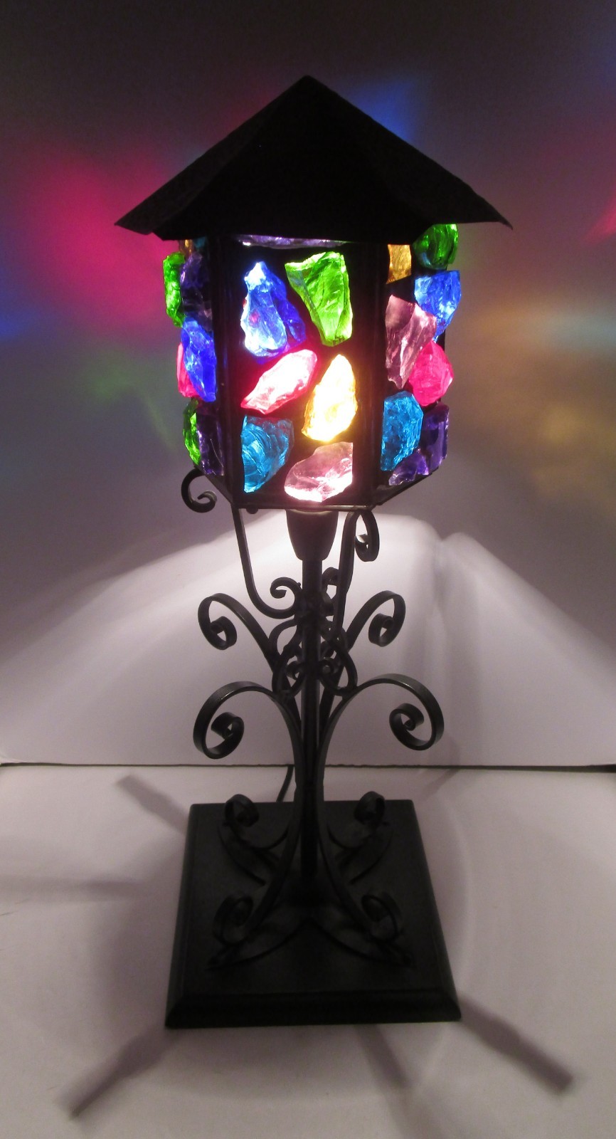 MCM Rare Marked Peter Marsh Chunk Glass Wrought Iron Wood Base Lamp 22 1/2 MCM Rare Marked Peter Marsh Chunk Glass Wrought Iron Wood Base Lamp 22 1/2