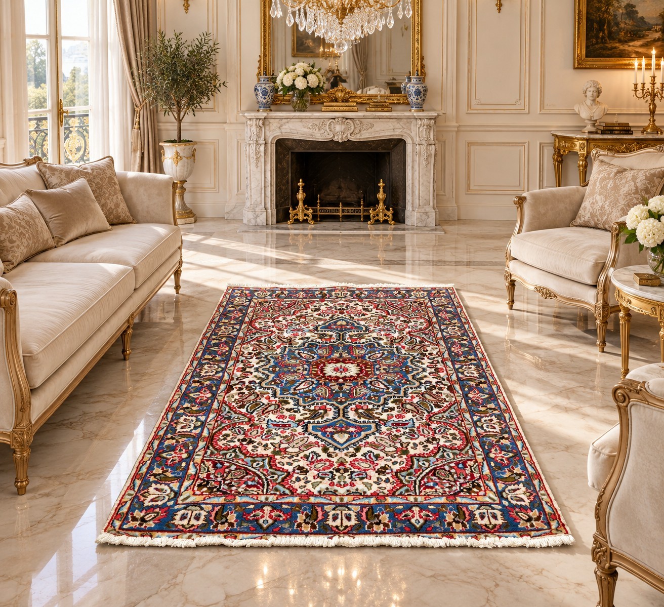 Persian Style Area Rug Ivory Blue Red Floral Medallion approximately 3 × 5 ft 