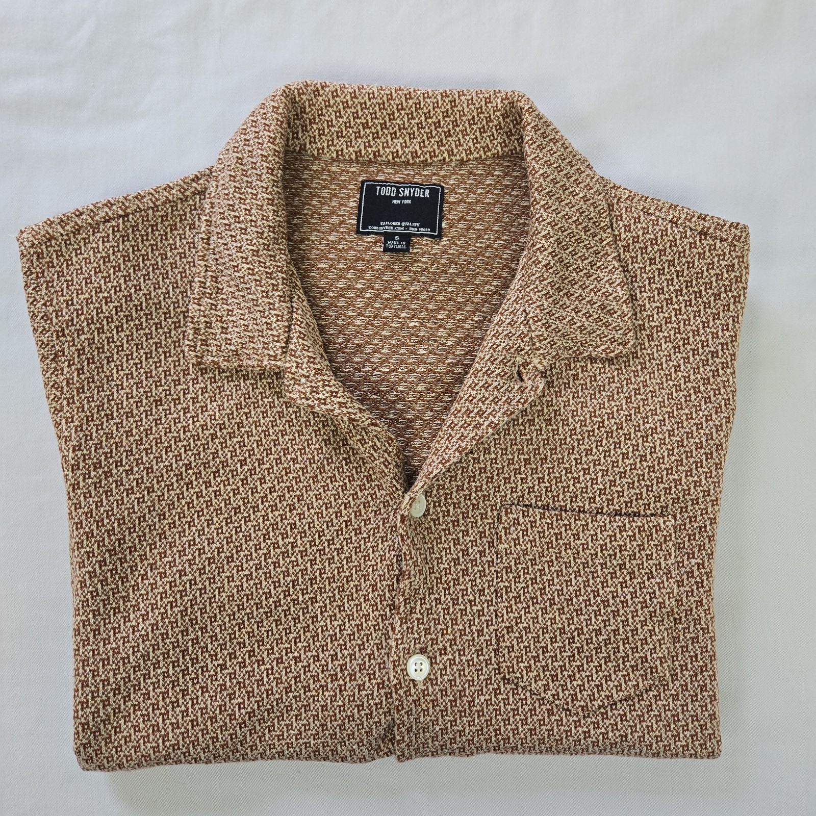 Todd Snyder Knit Cotton Linen Blend Camp Shirt Geometric Jacquard Mens S Brown