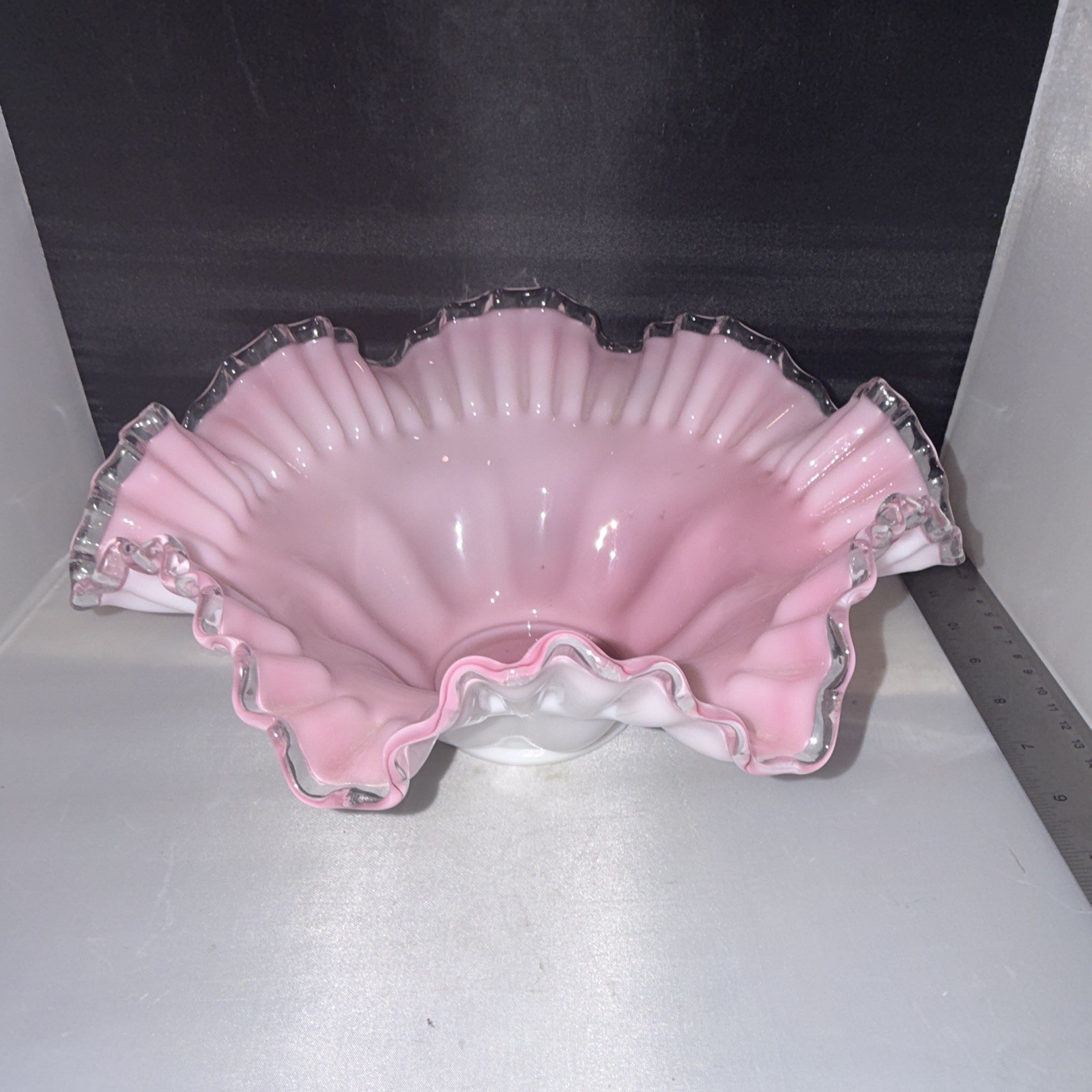 Vintage Fenton Peach Crest Pink White Ruffled Glass Brides Bowl Centerpiece