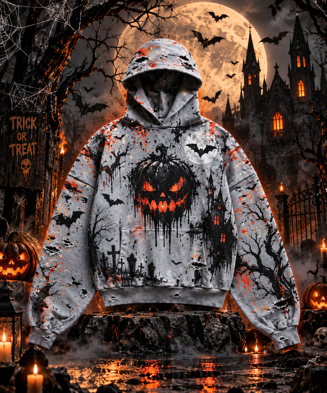 Men\'s Halloween Hoodie Gothic Pumpkin Bat Horror Graphic Pullover Sweatshirt