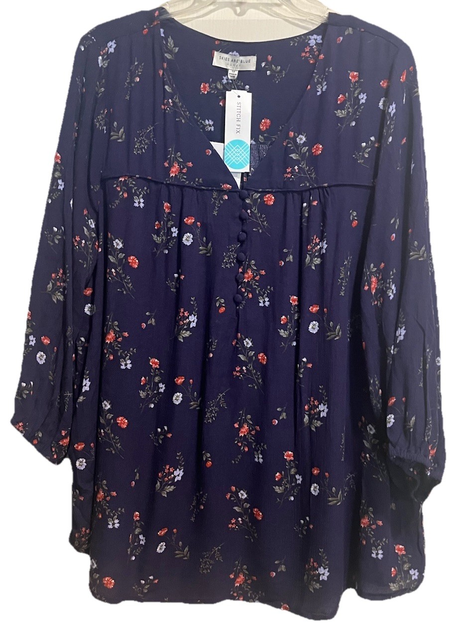 Skies Are Blue Curvy Women\'s NWT 1X Floral Navy V-Neck Floral 3/4 Sleeve Rayon Skies Are Blue Curvy Women\'s NWT 1X Floral Navy V-Neck Floral 3/4 Sleeve Rayon