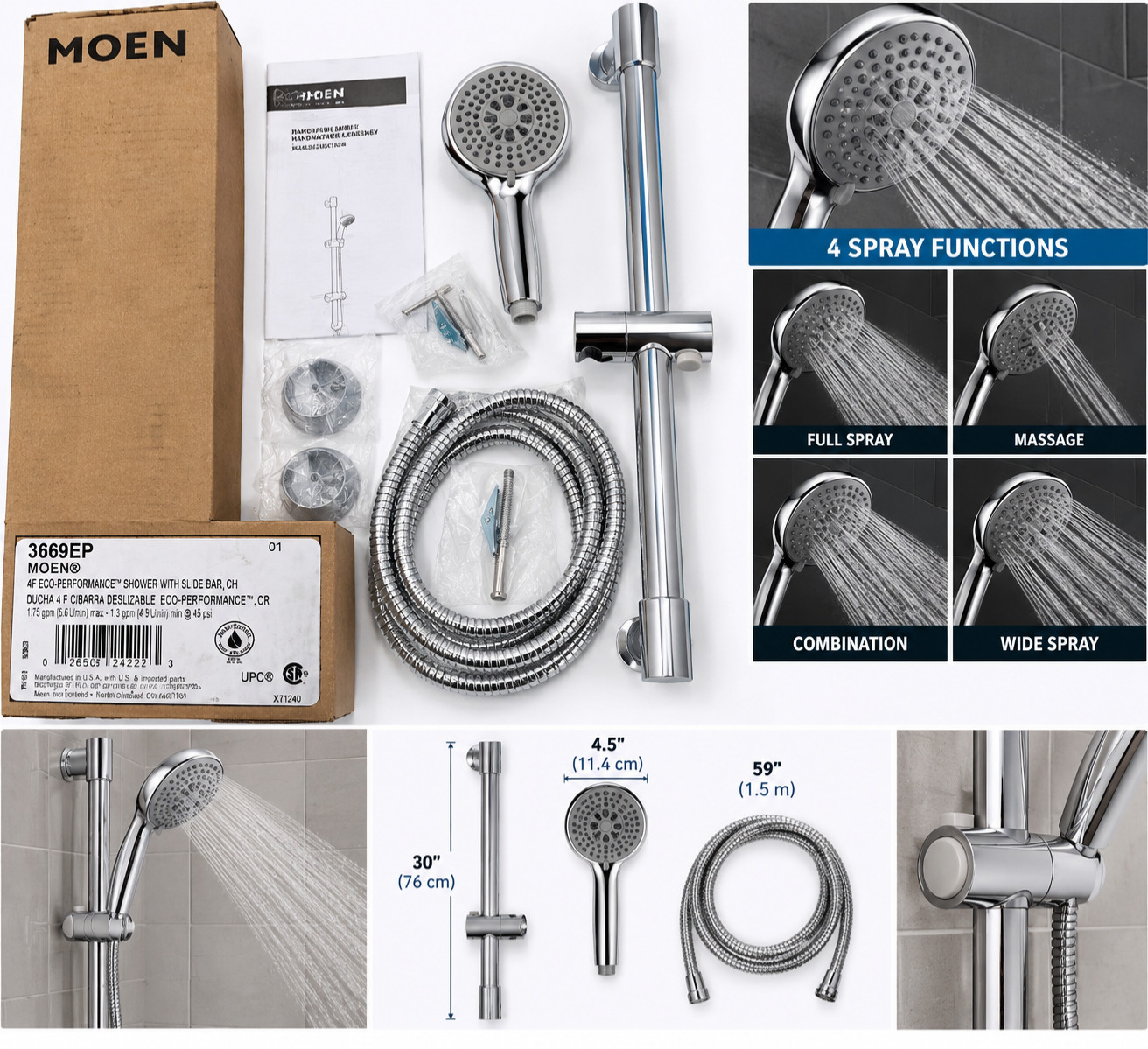 Mo*en3669EP Eco Performance Chrome Handheld Shower Head Slide Bar Kit 4-Function