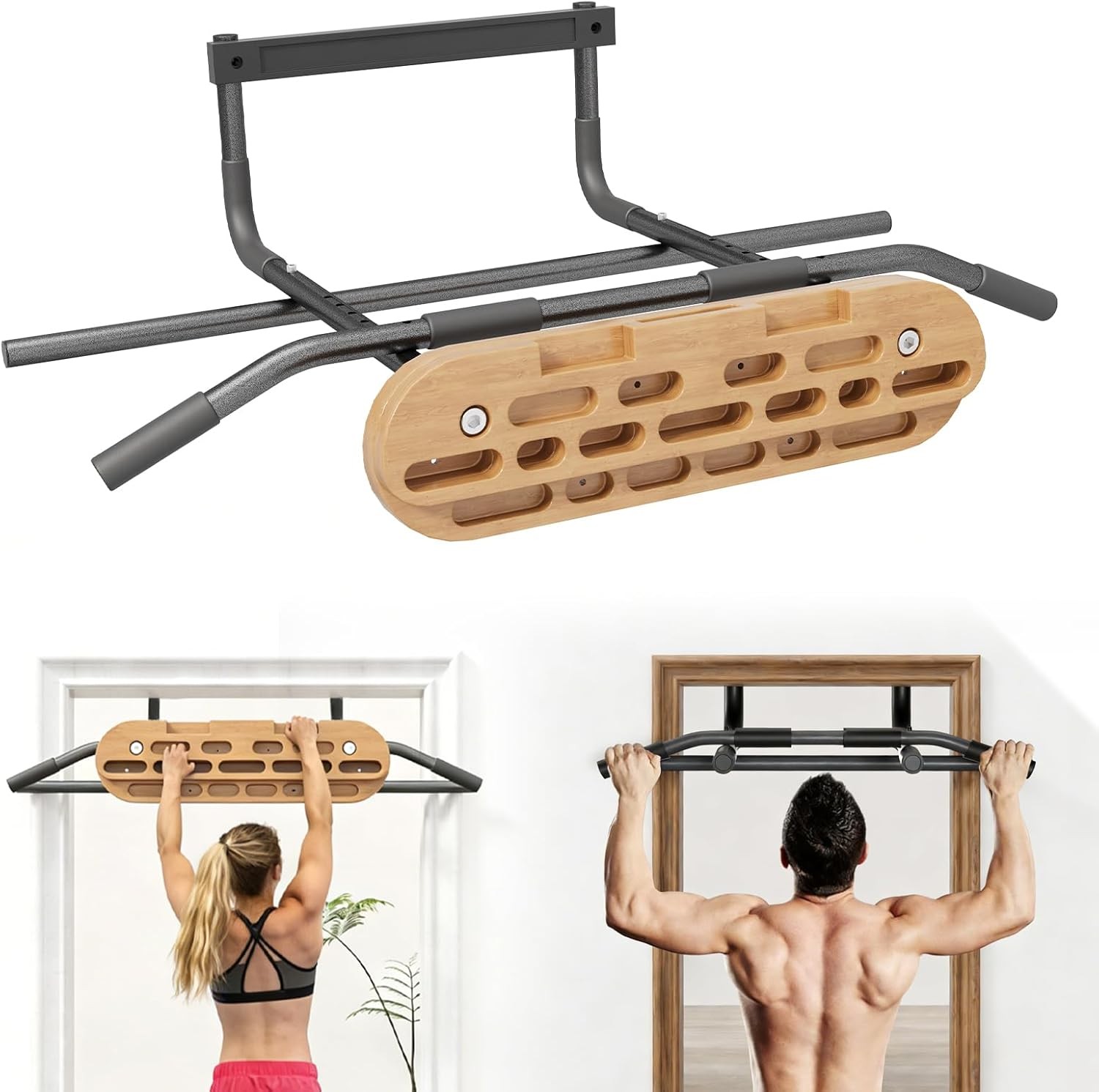 2 in 1 Hang Board Rock Climbing Hangboard with Door Way Pull Up Bar
