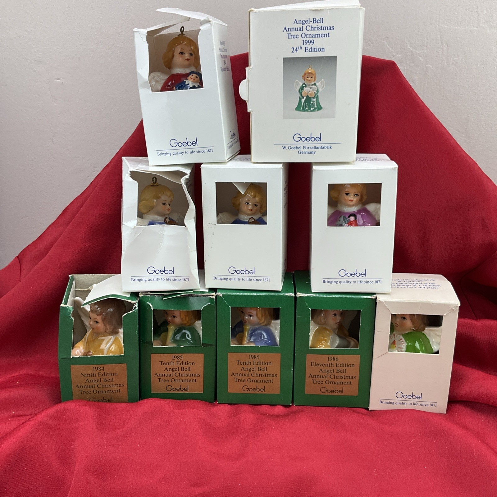 10 Vintage Goebel Hummel Angel Bell Ornaments 1984-1999 West Germany In Boxes