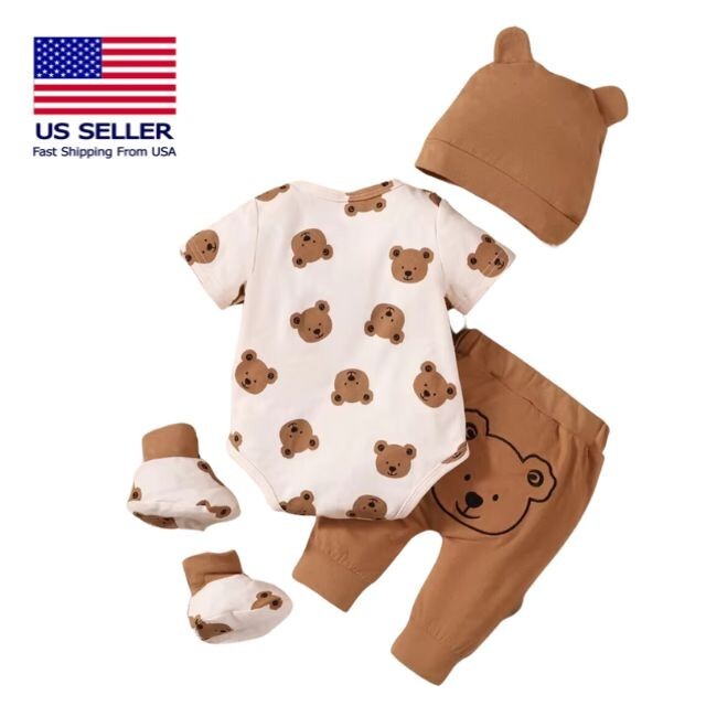 Newborn Baby Clothes Baby Outfits body suit 0-3 Months 4PCS Set Gift Bear Print