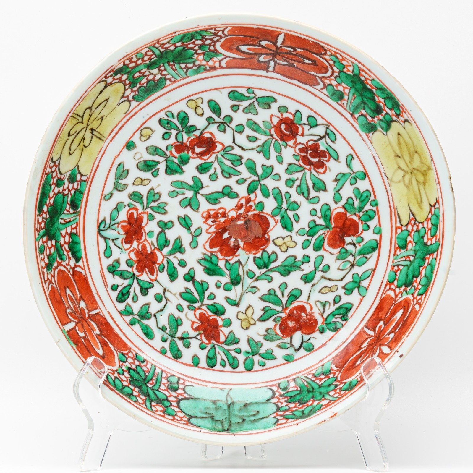 Chinese Porcelain Kangxi Famille Verte Wucai Plate Peony Enamel Qing Marked 18C