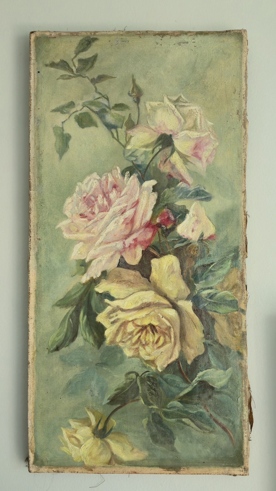 Beautiful Old Vintage French Oil Painting Pink Yellow Roses Beautiful Old Vintage French Oil Painting Pink Yellow Roses