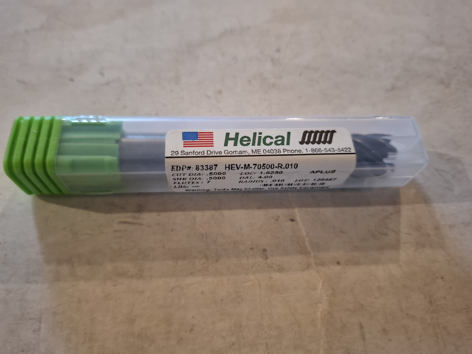 Helical 83387 1/2 Diameter 7 Flute Carbide Endmill R.010. 1.625LOC