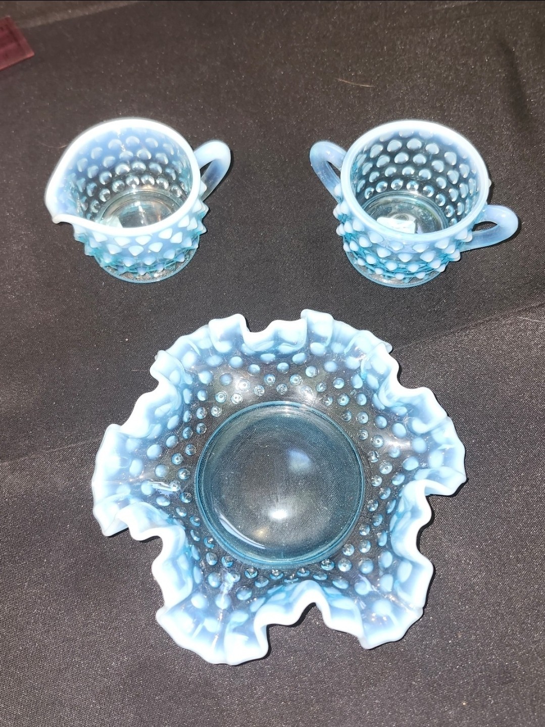 Vtg Fenton Blue Opalescent Hobnail Ruffled Candy Dish & Mini Cream & Sugar Set