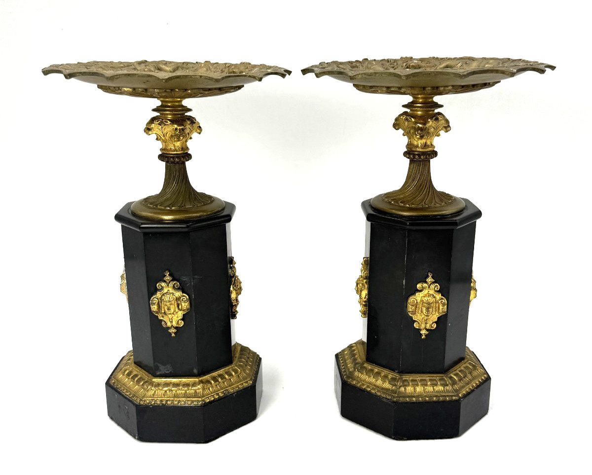Antique Grand Tour 19th French Pair Gilt Bronze Tazzas  Octagonal Black Marble
