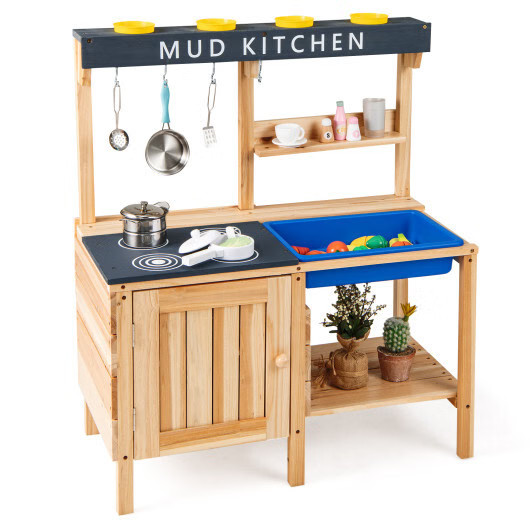 Costway Outdoor Mud Kids Kitchen Playset Wooden Pretend Play Toy with Kitchenwar