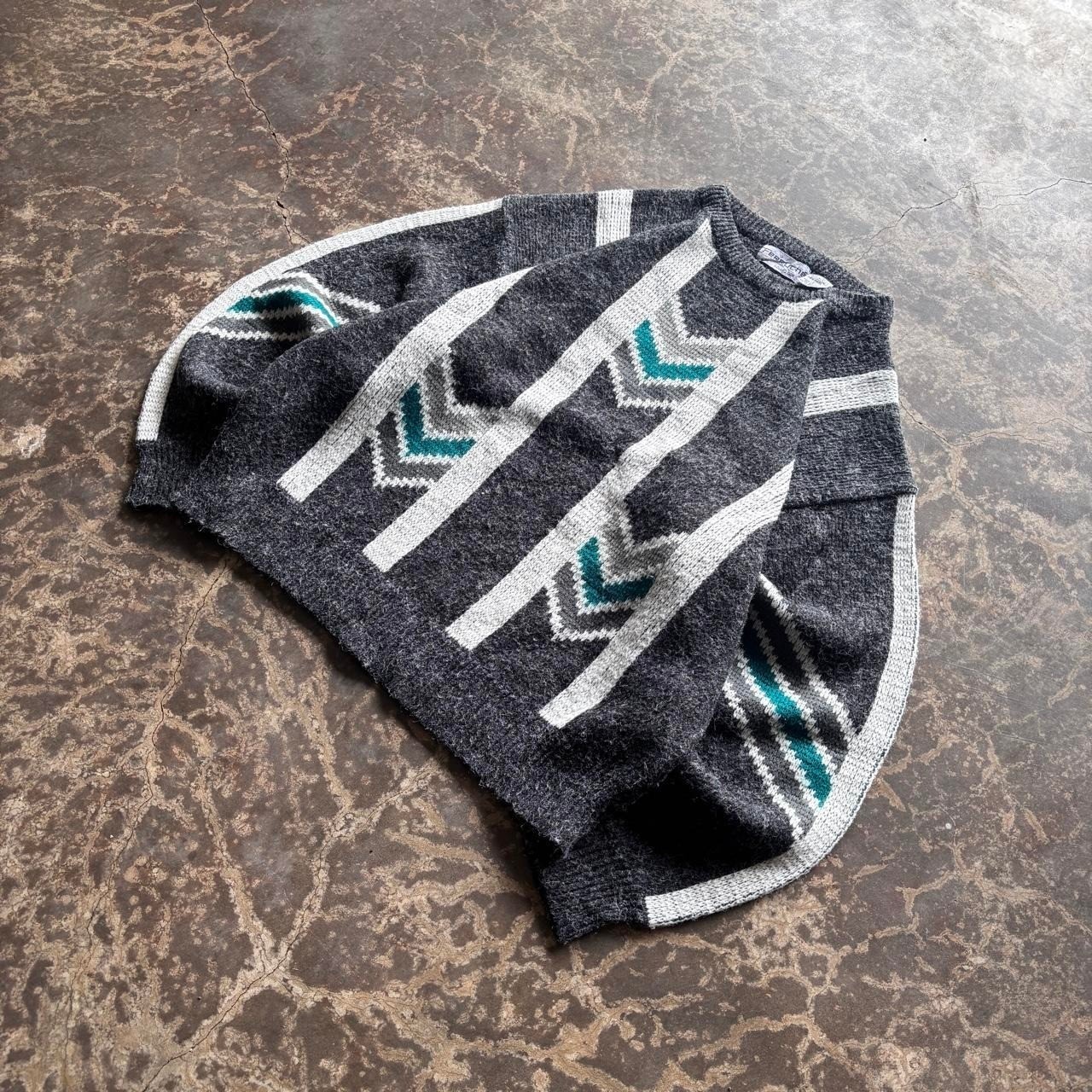 Vintage 80s Ferruche Geometric Knit Sweater Mens Large Grey Teal Pullover Vintage 80s Ferruche Geometric Knit Sweater Mens Large Grey Teal Pullover