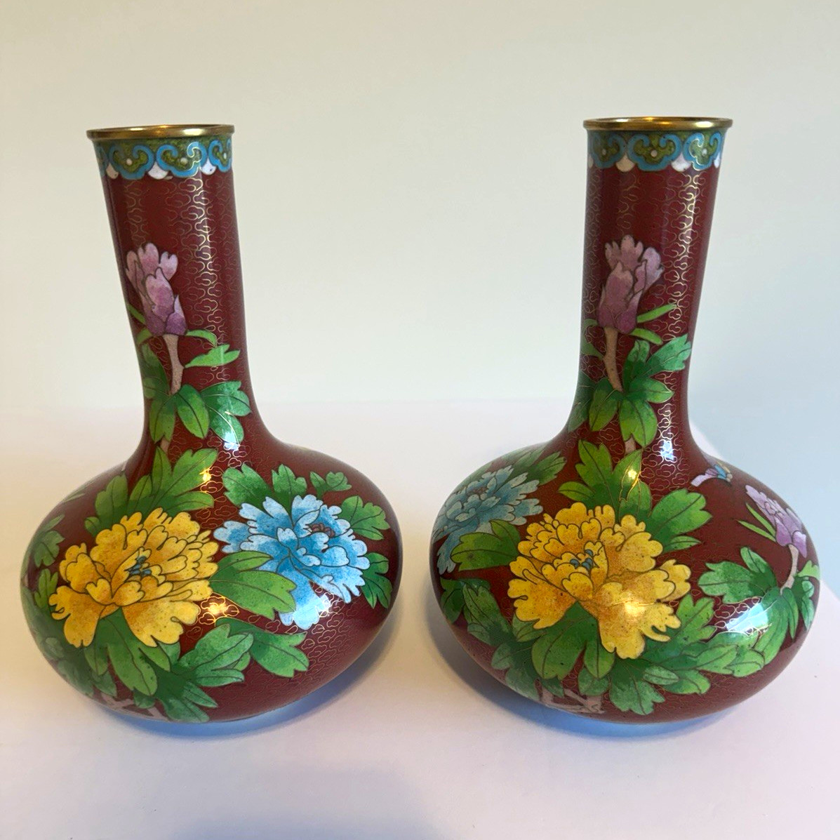 Vintage Pair Chinese Cloisonné Oxblood Red Peony Vases –Matching Set, 1970s MINT