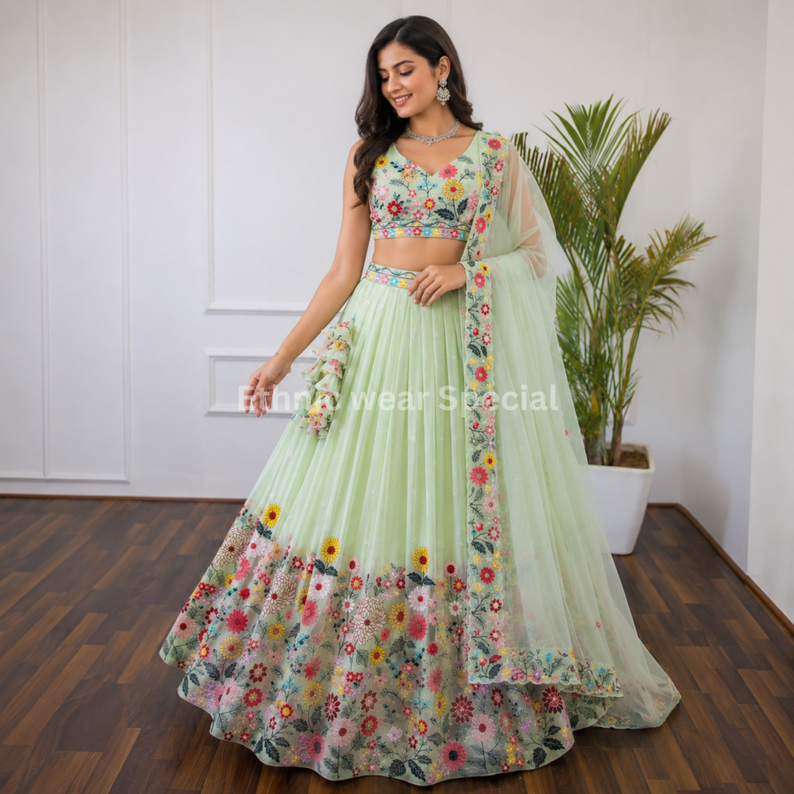 Pastel Green Floral Organza Lehenga Choli, Yellow Embroidered Indian Outfit