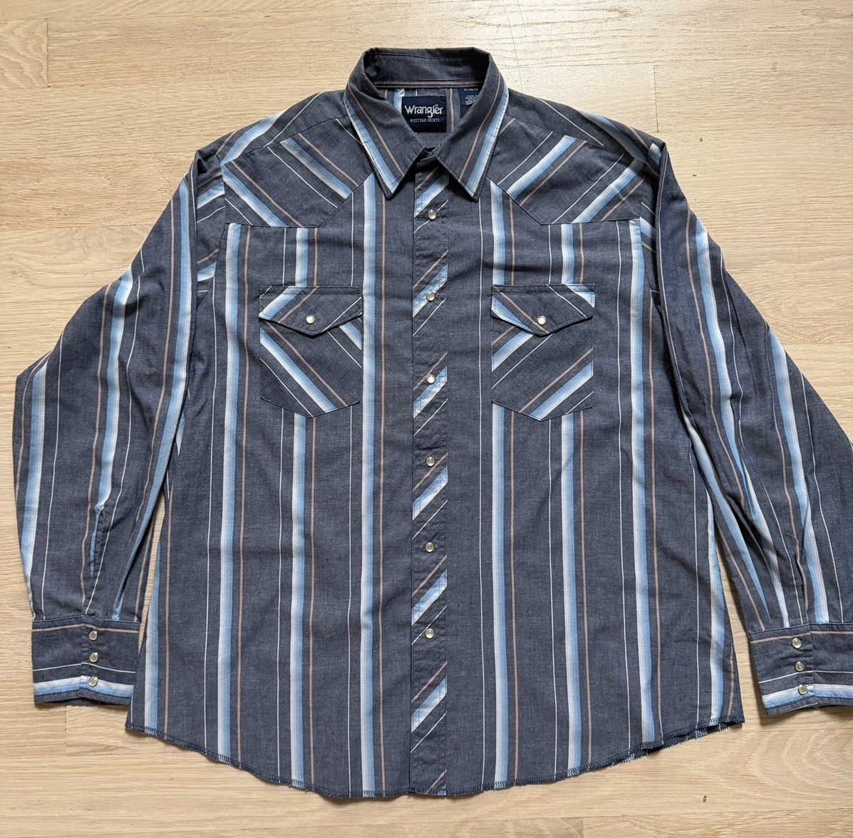 Wrangler Western Brushpopper Pearl Snap Shirt Vintage 90s Striped XL Blue XL