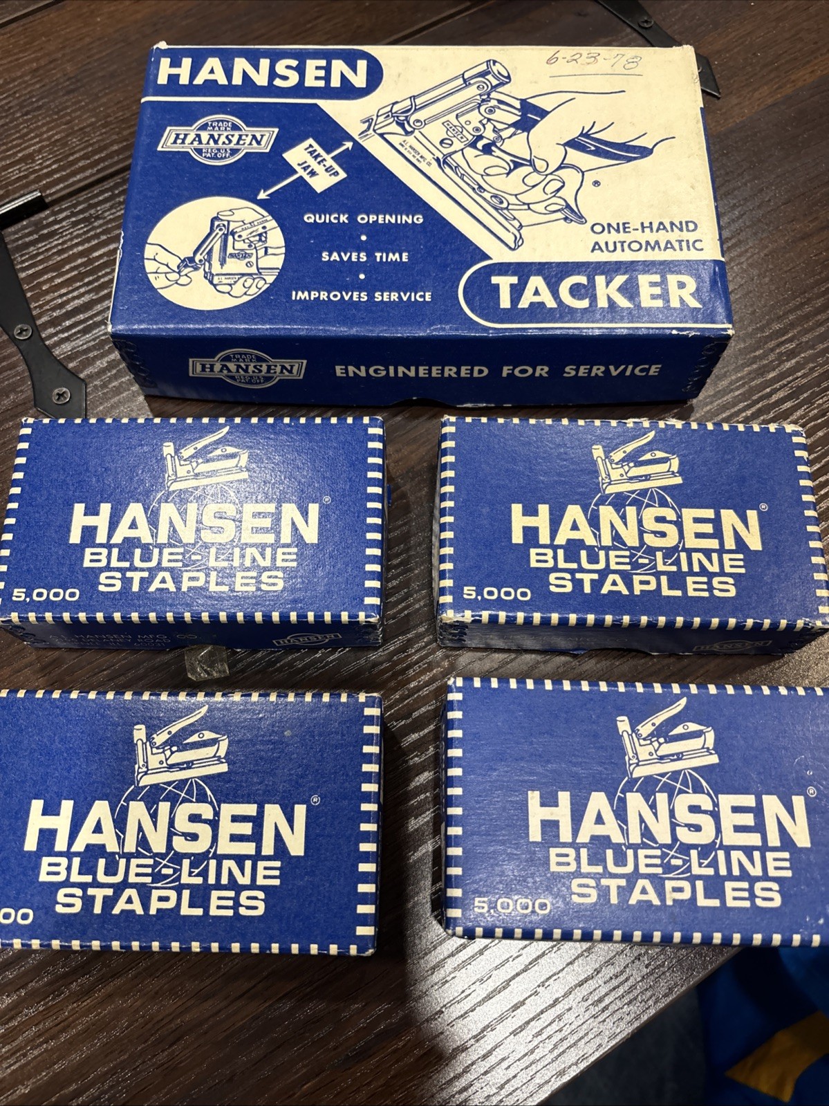 Vintage Hansen No. 35 Tacker Staple Gun  + 4 Boxes Of  Blue Line Staples